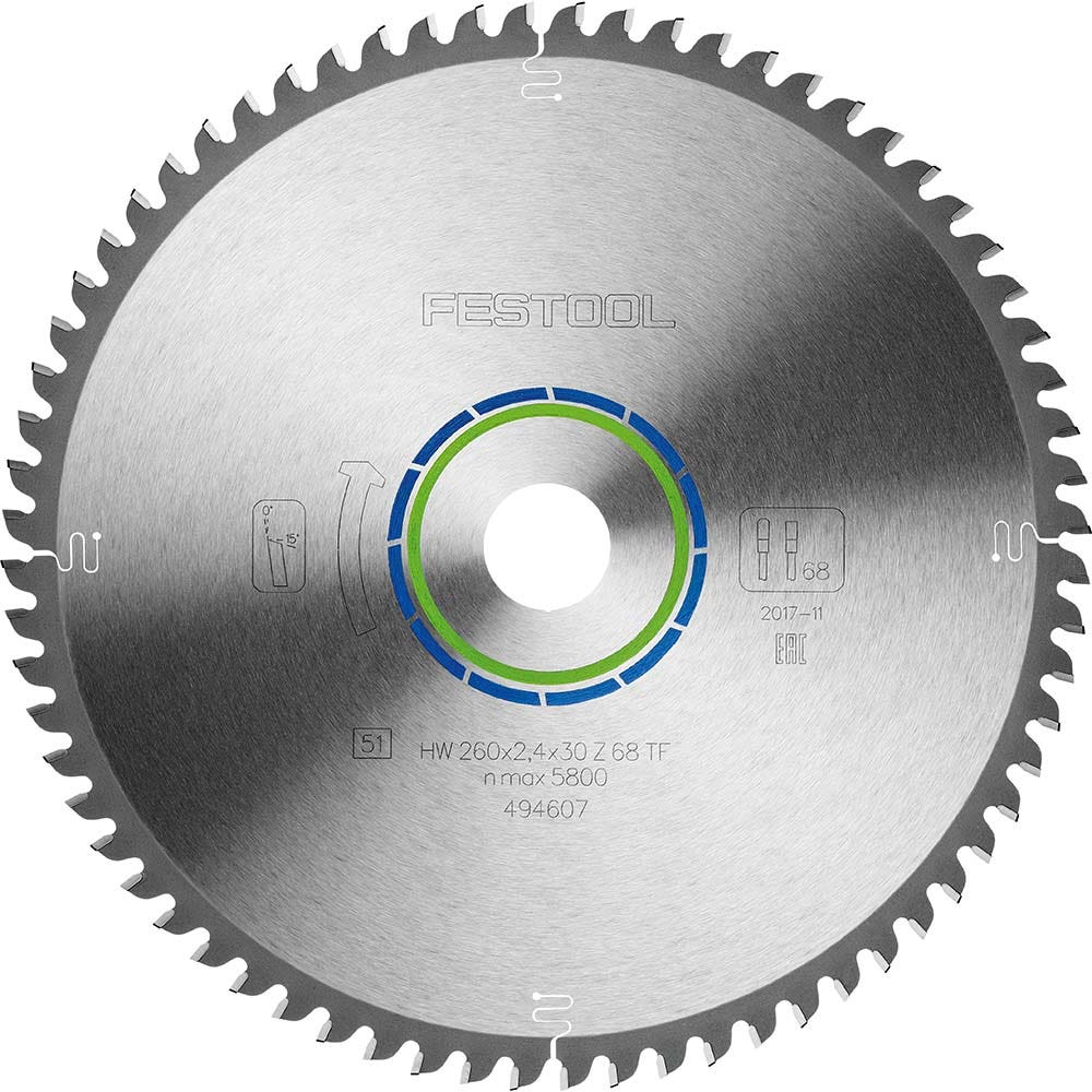 Lâmina de serra FESTOOL de 260 mm com 68 dentes TCT para corte de metais não ferrosos.