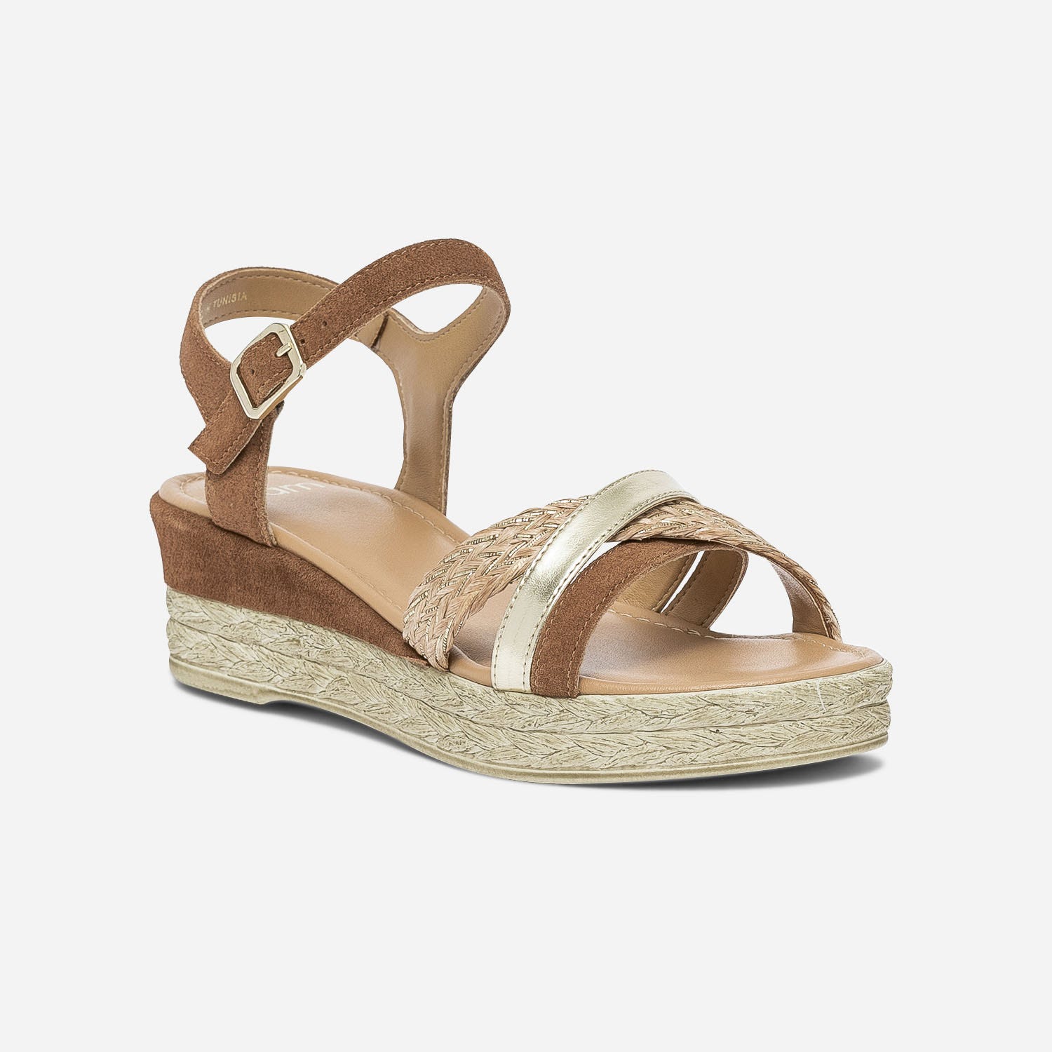 Sandale compensée camel en cuir velours
