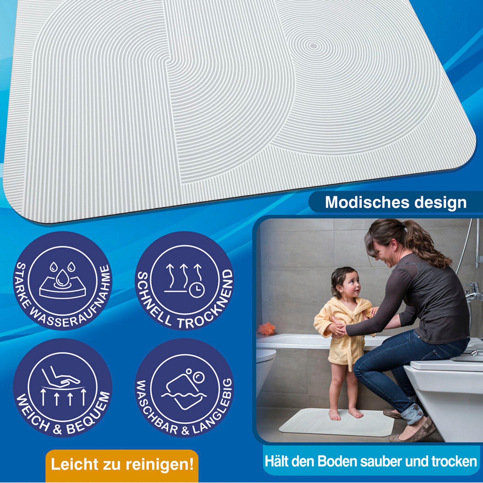 Badematte Hydrowonder Super Absorbent Mat Best Direct®, Höhe 5 mm, rutschhemmend, schnell trocknend, strapazierfähig, fußbodenheizungsgeeignet, rutschfest, saugfähig, Polyester, Gummi, rechteckig, Duschmatte & Badematte, super saugfähig, Rutschfest,