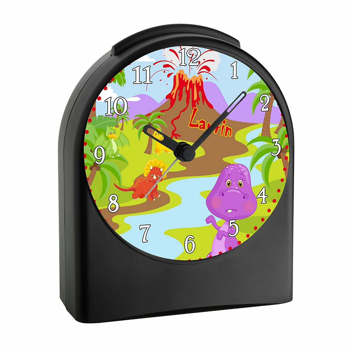 Kinder Funkwecker personalisiert mit Namen Dino Atom-/Funkuhr, 12-Stunden-Anzeigeformat, Schlummerfunktion, Nachtlicht, Geräuschlos/Ohne Ticken