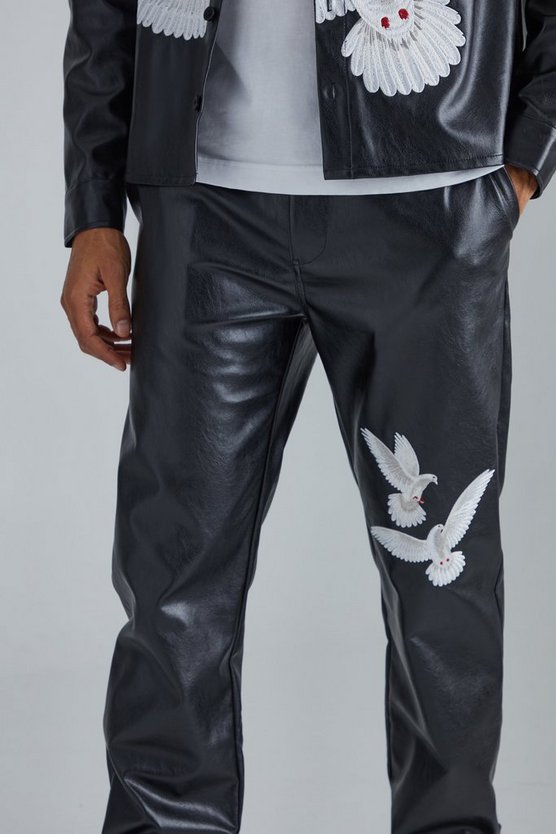 Bestickte PU-Hose mit geradem Bein und Reißverschluss