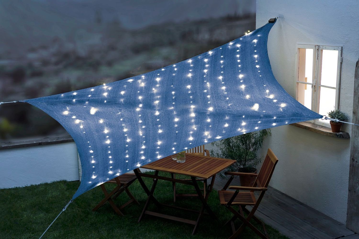 BURI Sonnensegel Solar-Sonnensegel mit LED in blau 5x5m Licht UV Wind Schutz Schatten