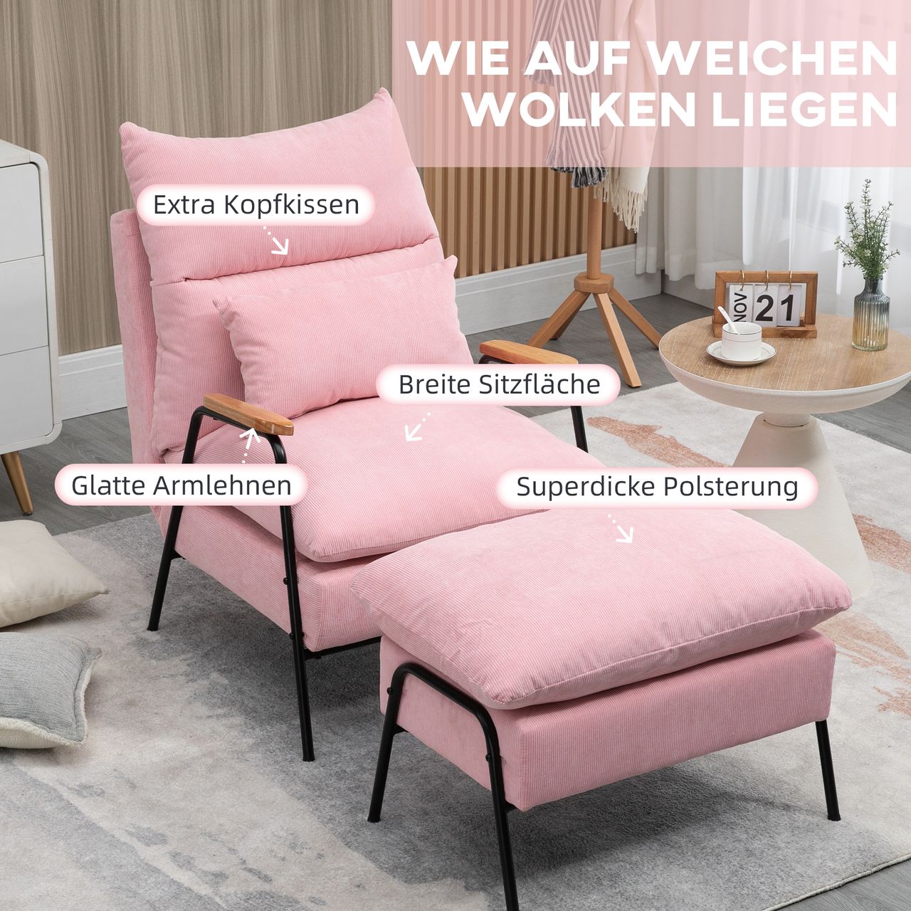 HOMCOM Ohrensessel mit Hocker, Relaxsessel mit neigbarer Rückenlehne, Rosa