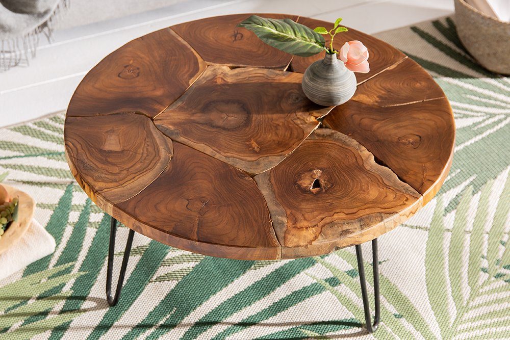 riess-ambiente Couchtisch MOSAIK Ø70cm natur / schwarz (Einzelartikel, 1-St), Wohnzimmer · Massivholz · rund · handmade · Hairpin Legs aus Metall