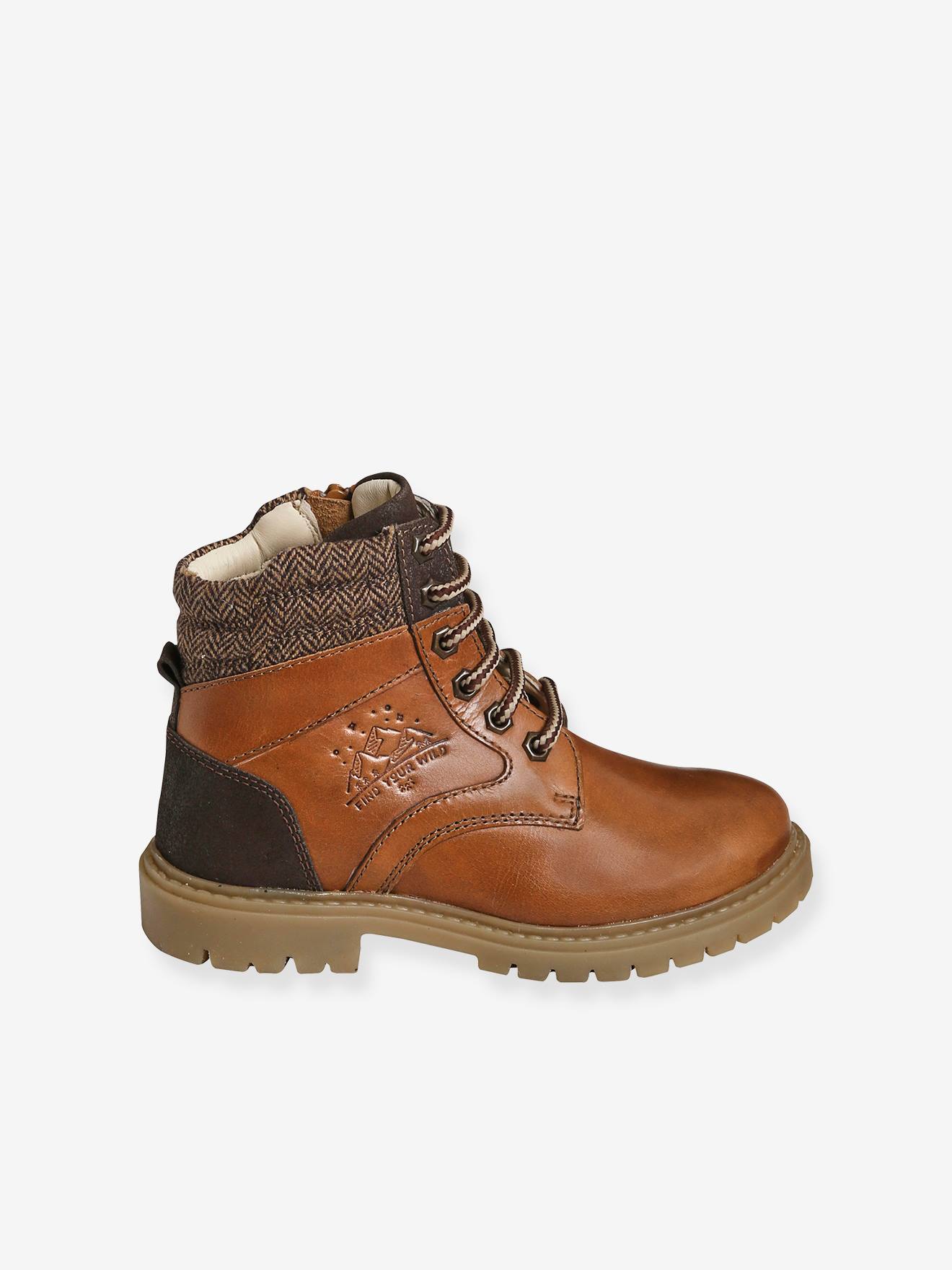 Bottines crantées lacées et zippées cuir garçon marron