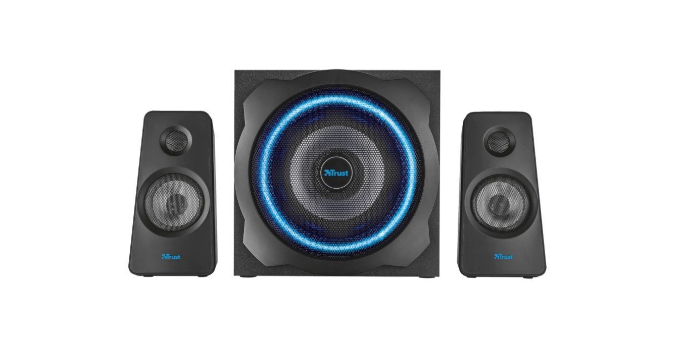 Trust GXT 628 Tytan schwarz 2.1 PC-Lautsprecher (60 W, Hölzerner Subwoofer, Kabelfernbedienung, Kompatibel mit Spielekonsolen)