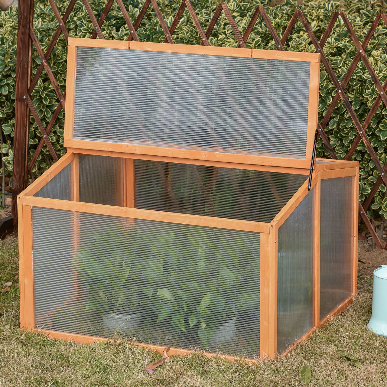 Outsunny Frühbeet Treibhaus Gewächshaus Frühbeetkasten Pflanzenbeet mit Abdeckung aus Holz und Polycarbonat wetterfest Orange 90 x 80 x 58 cm