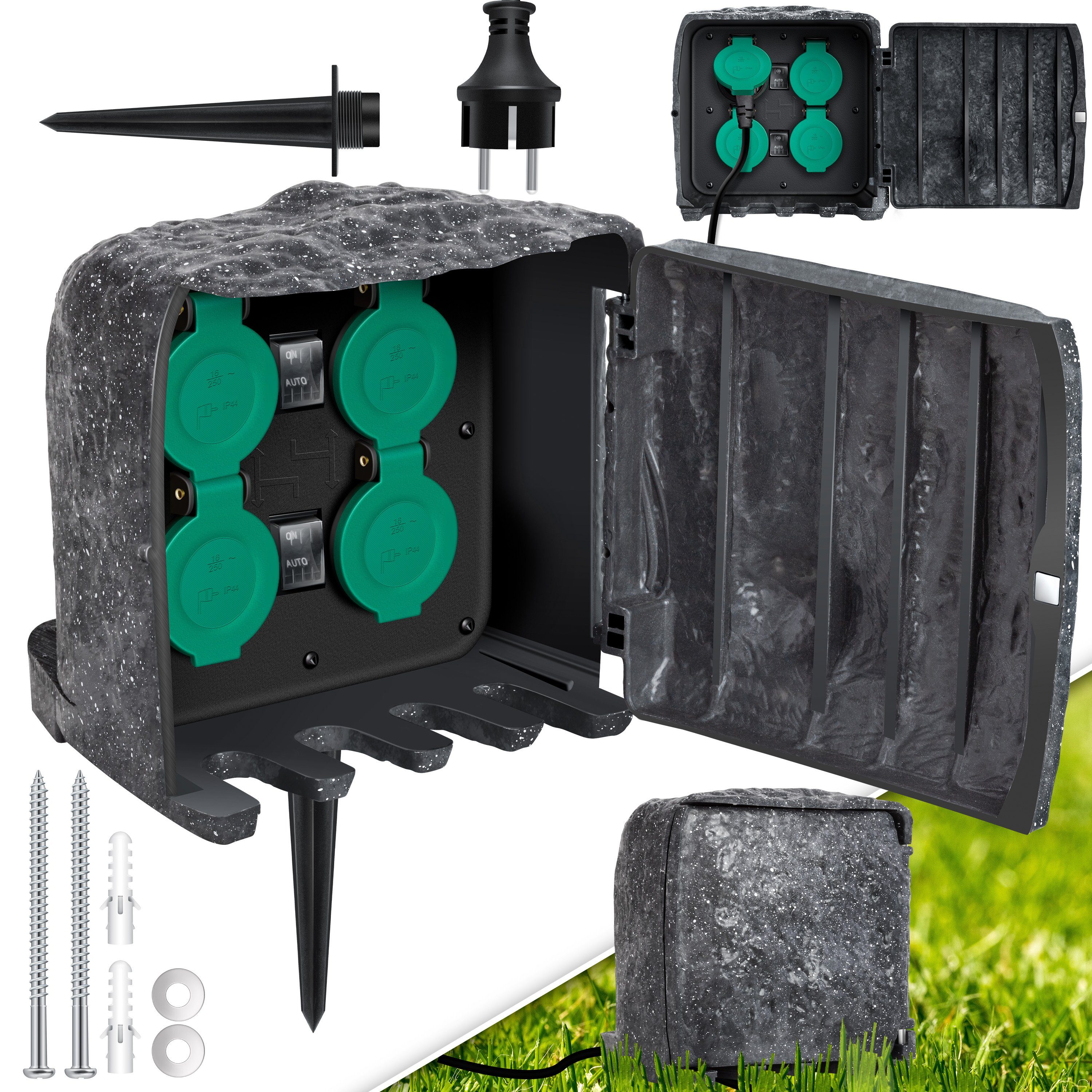 KESSER Gartensteckdose, Gartensteckdose Steinoptik mit Steckplätzen Inkl.Erdspieß