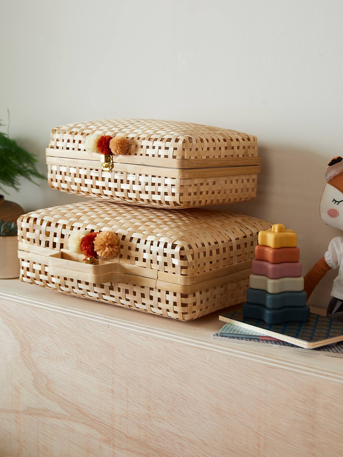 Vertbaudet Kinderzimmer 2er-Set Aufbewahrungskoffer aus Bambus - beige