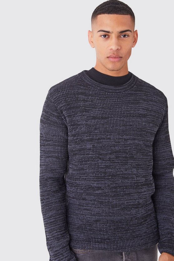 Zweifarbiger gerippter Rundhals-Pullover