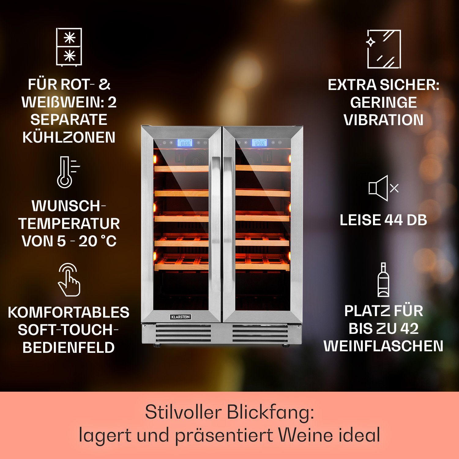 Klarstein Weinkühlschrank Vinovilla Duo 42, für 42 Standardflaschen á 0,75l,2 Zonen Wein Flaschenkühlschrank Weintemperierschrank Weinschrank