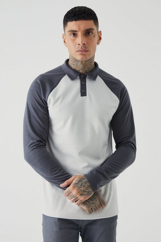 Tall langärmliges Slim-Fit Colorblock Poloshirt
