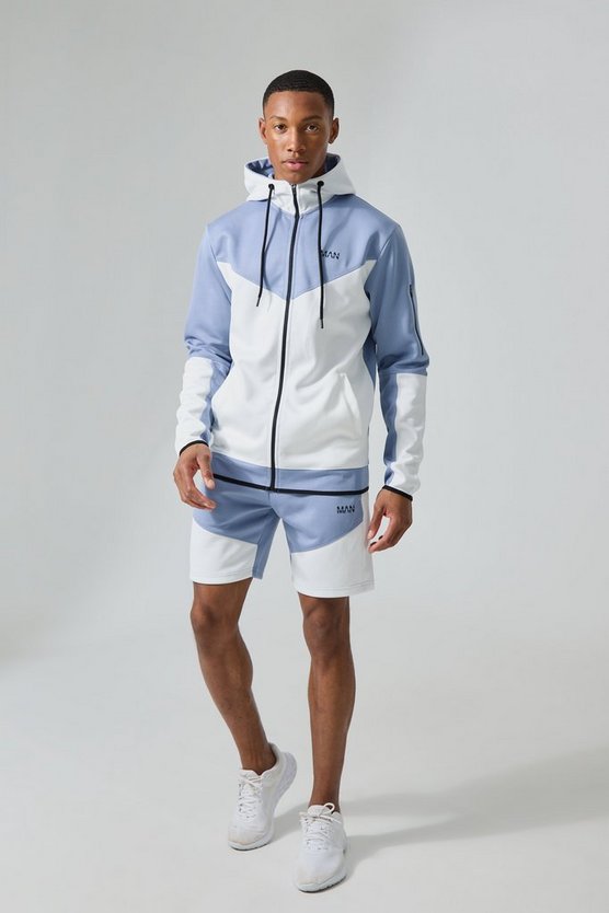 Active kurzer Colorblock Trainingsanzug mit Kapuze und Trichterkragen