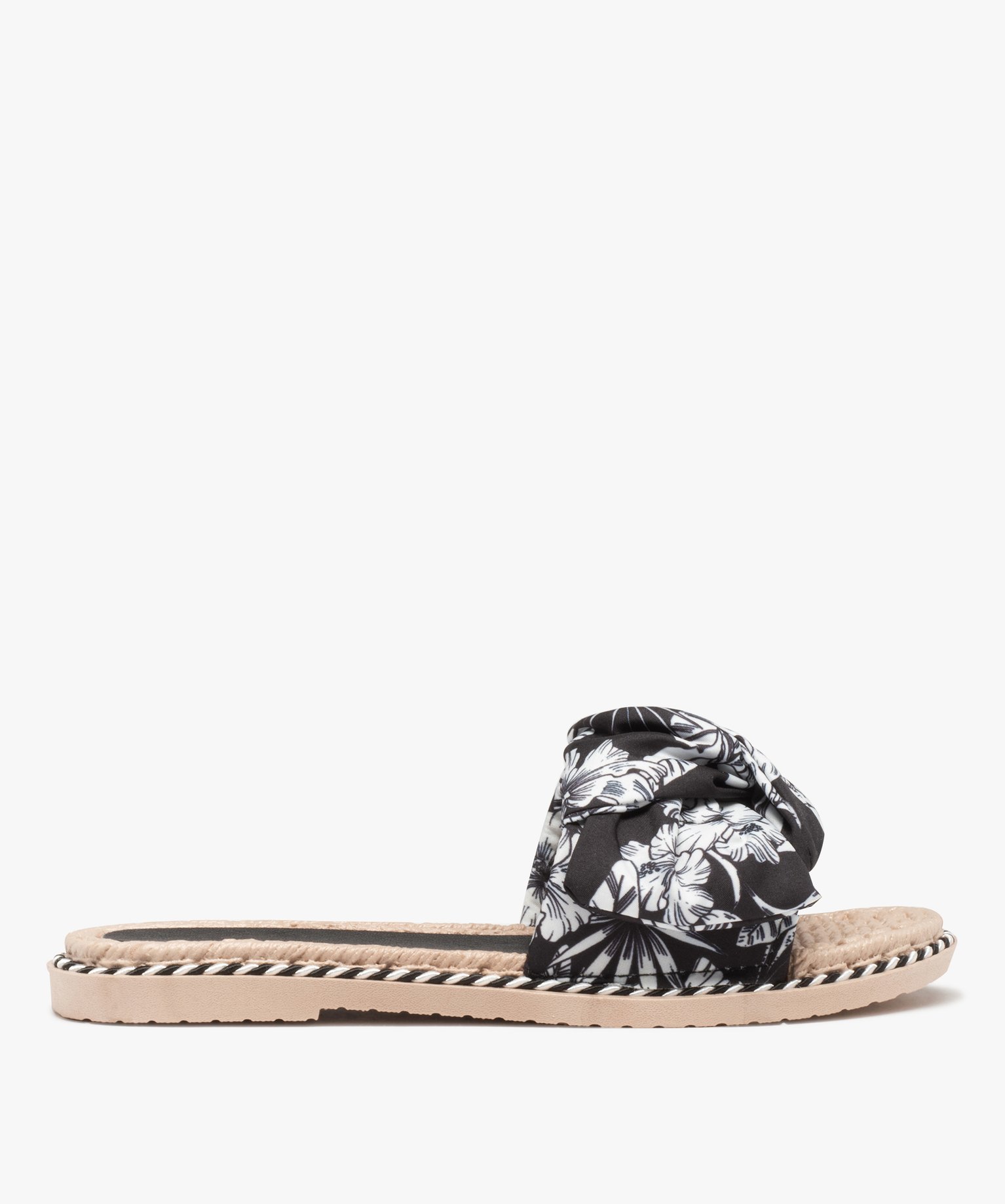 Mules de piscine femme à bandeau en toile imprimée noir | GEMO