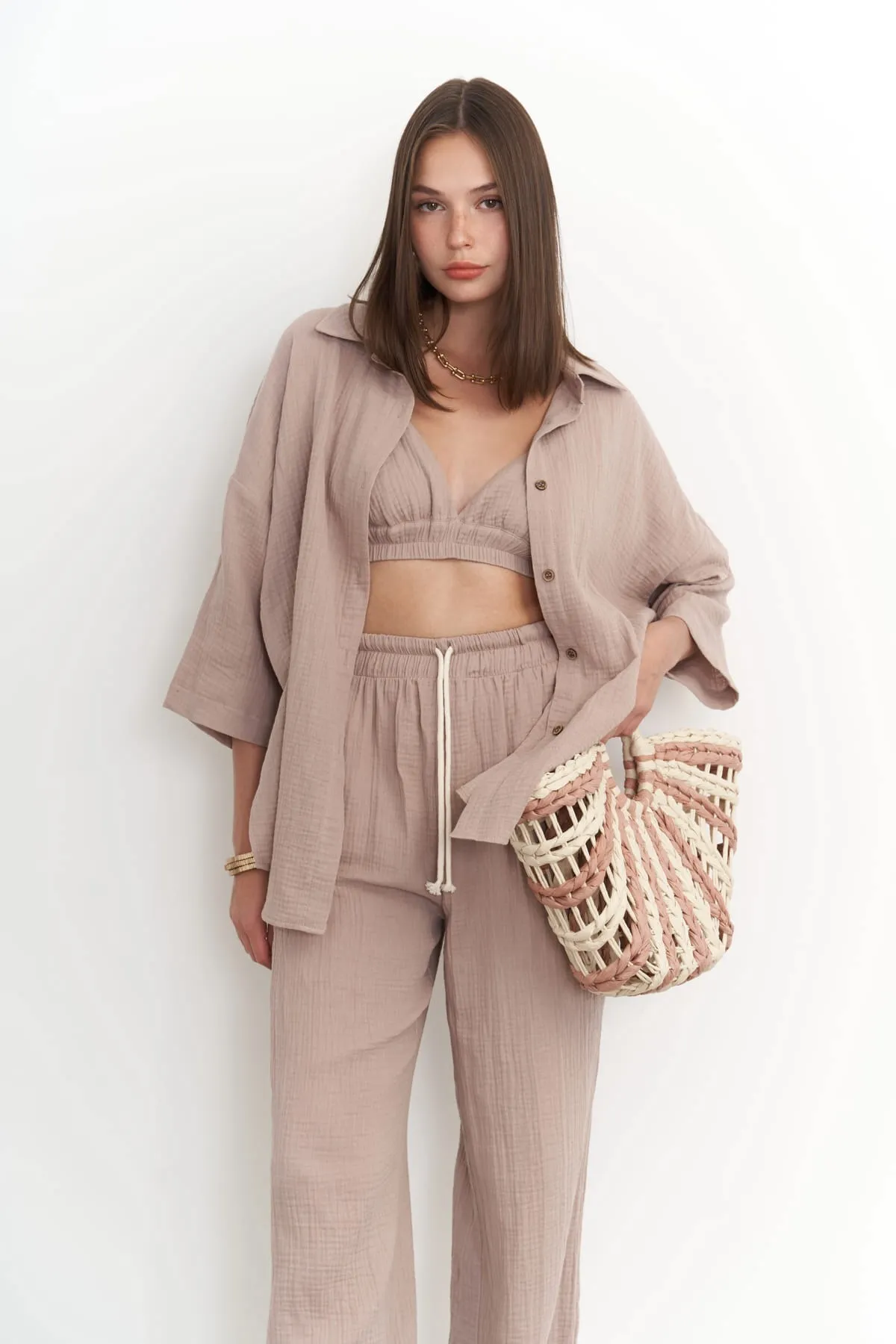 MAİ COLLECTİON  Bohemian Reyna Nerz Musselin Dreier Set