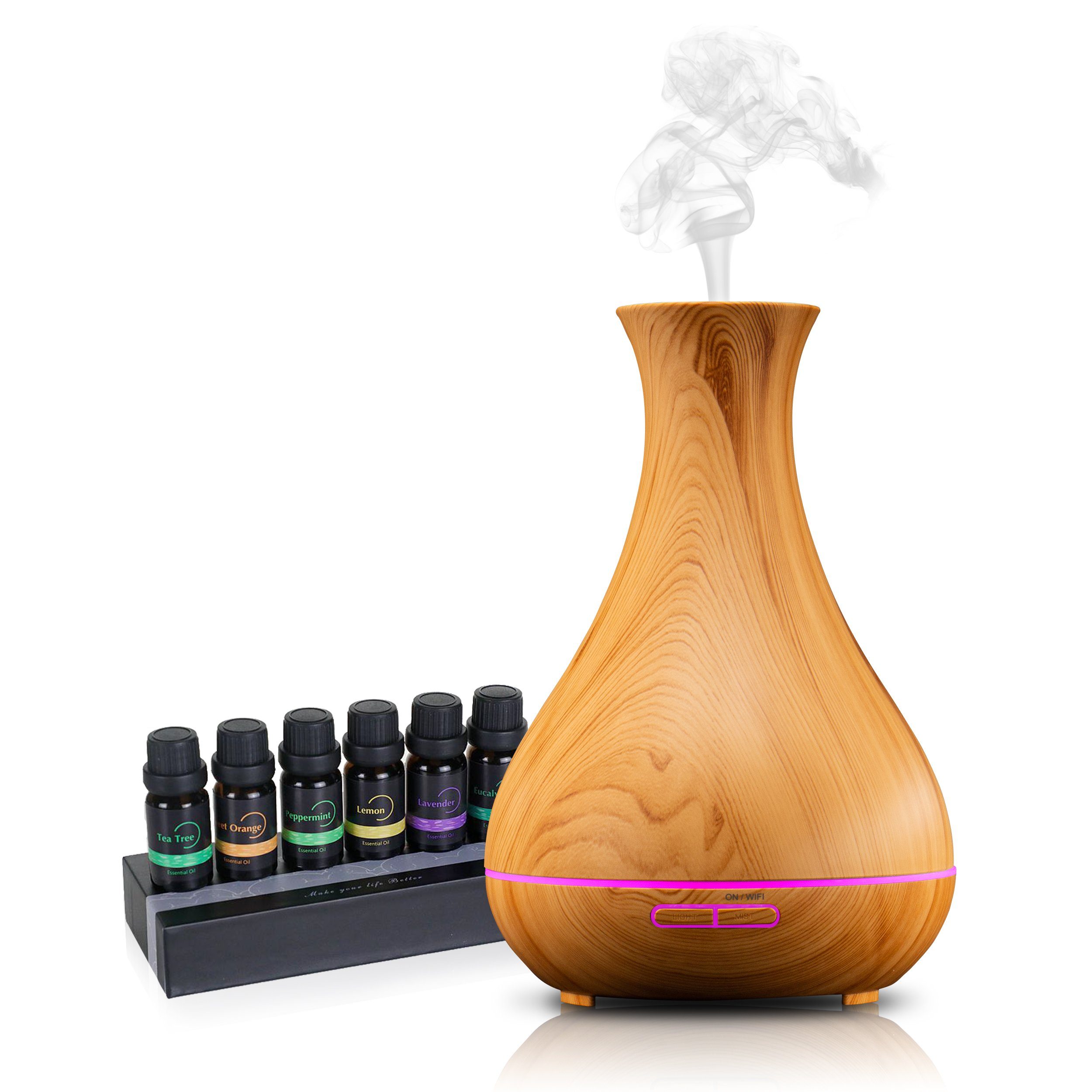 Hyrican Luftbefeuchter PST00184 Aroma Luftbefeuchter, inkl. Duftölset, App& Sprachsteuerung, 0,4 l Wassertank, Diffuser/Diffusor 400ml, 7 LED-Farben, Holzoptik, Alexa, Google