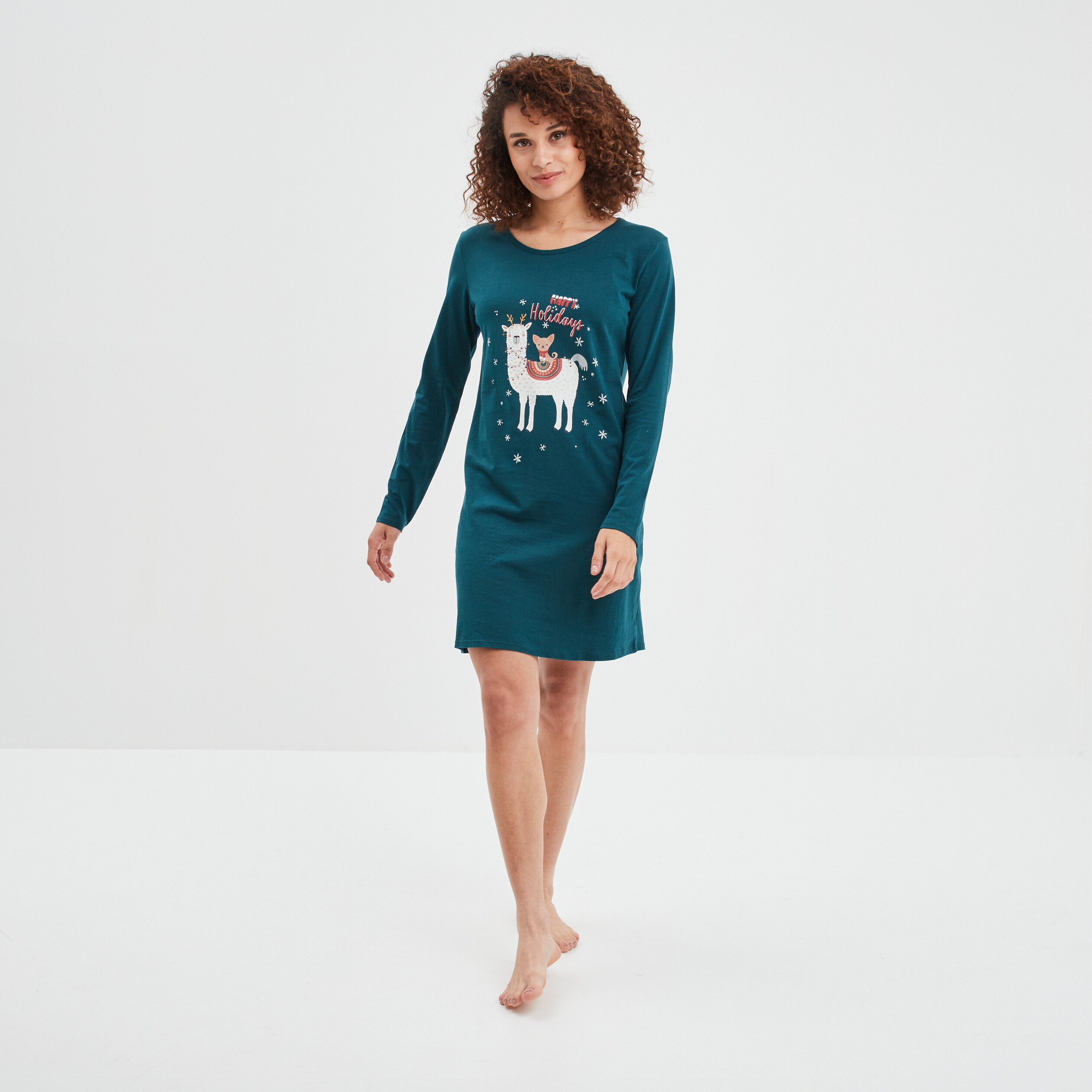 Chemise de nuit manches longues coton vert canard femme | La Halle