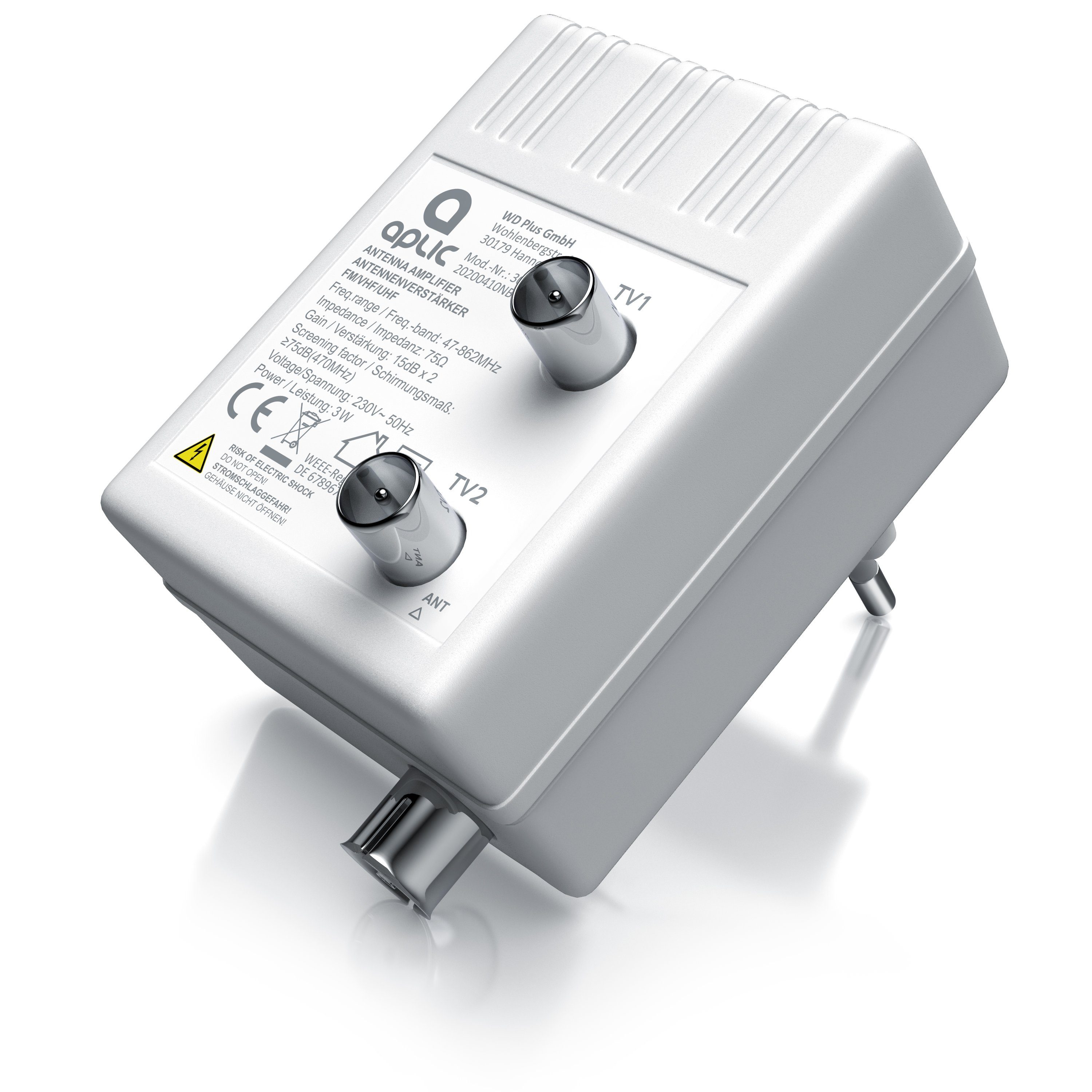 Aplic Verstärker (DVB-T2, Kabel TV, Radio Antennenverstärker, 2x 15 dB Signalverstärkung)