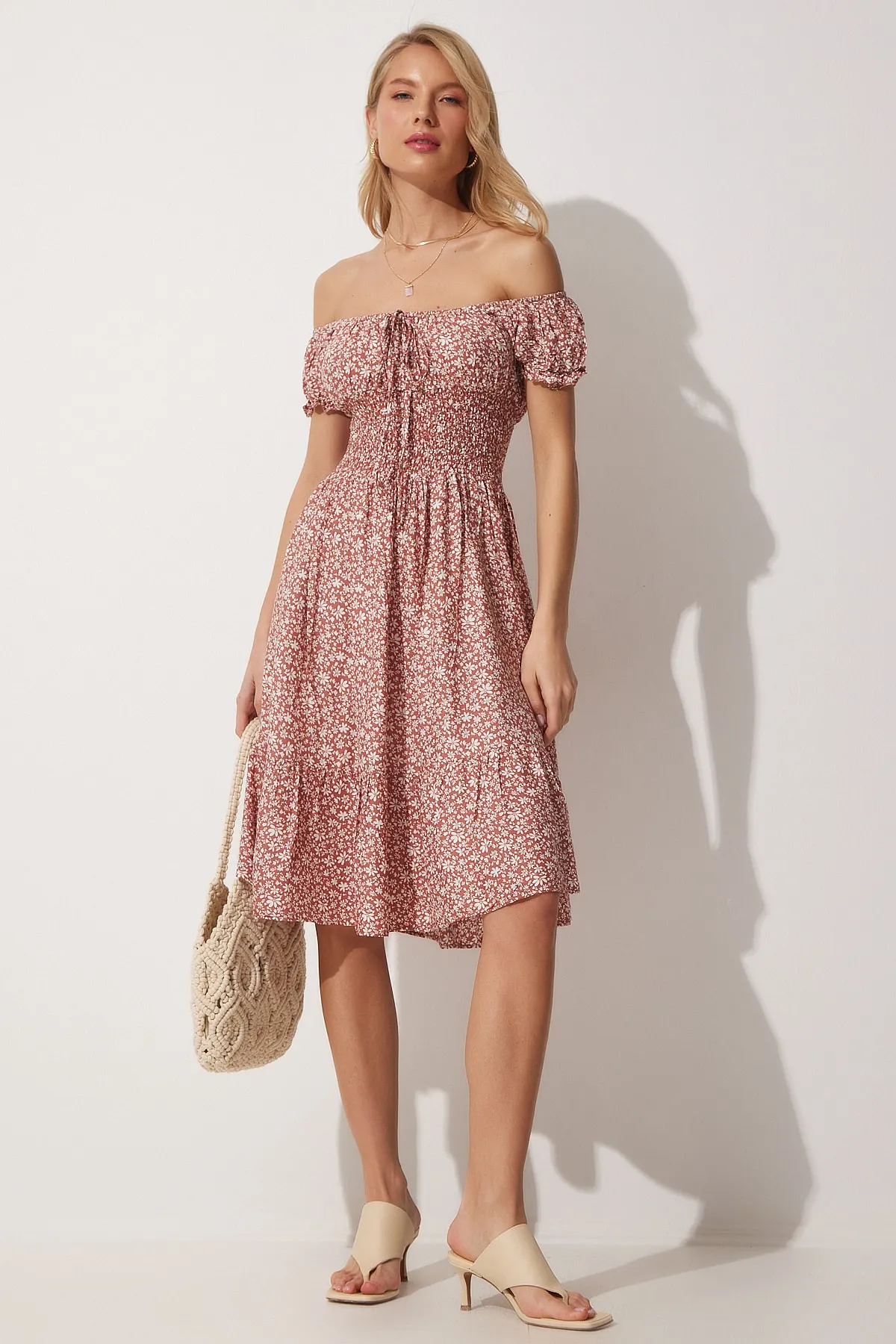 Happiness İstanbul  Damen-Sommerkleid mit Carmen-Kragen, ziegelfarben, gestrickt, MX00080