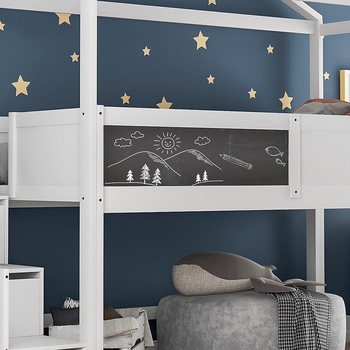 Hochbett 90x200cm mit Treppenschublden und Tafeln aus Massivholz, Kinderbett Spielbett