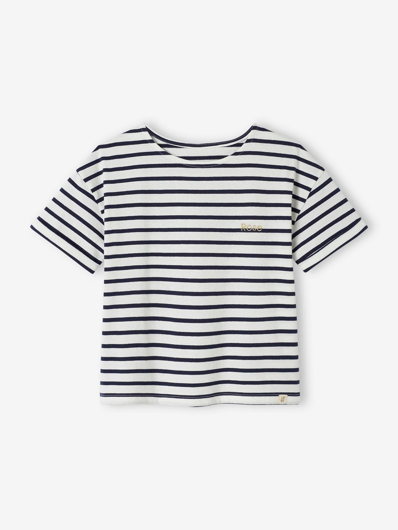 Vertbaudet Geringeltes Mädchen T-Shirt mit Recycling-Baumwolle, personalisierbar - rosa gestreift