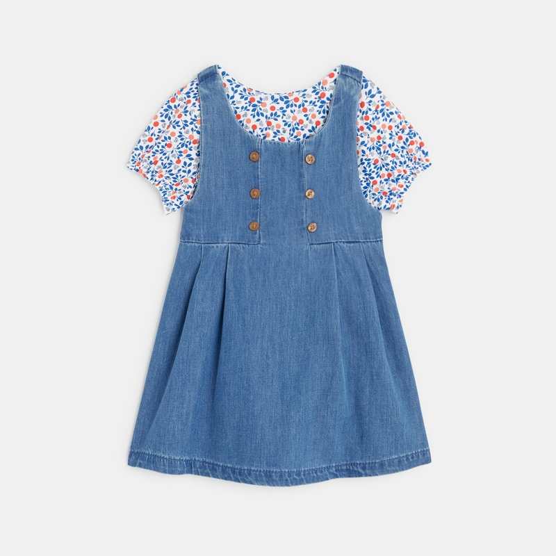 Robe salopette denim léger et t-shirt fleuri bleue bébé fille