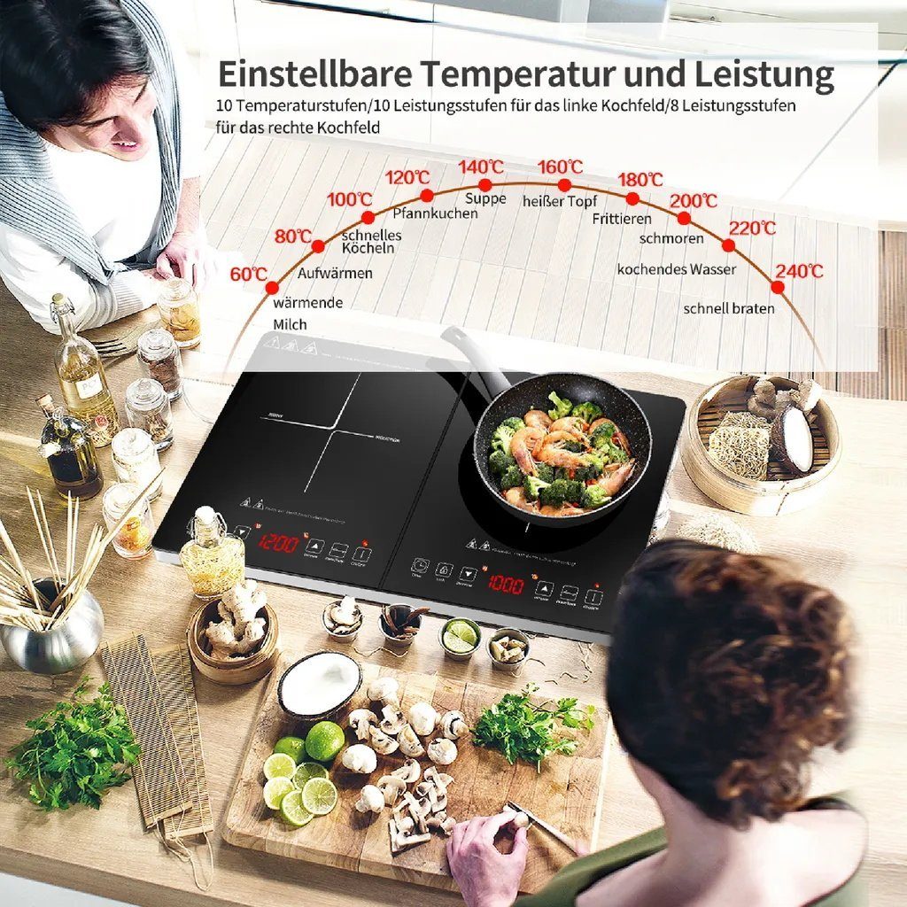 AMZCHEF Doppel-Induktionskochplatte DC08, 3500w, 10 Temperaturstufen, 3-Stunden-Timer, Sicherheitssperre