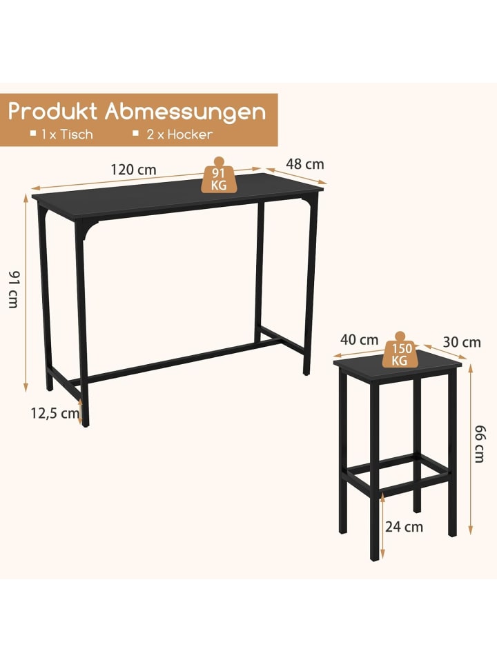 COSTWAY Bartisch mit Barhocker Set in Schwarz günstig kaufen onesize