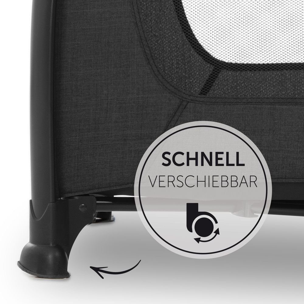 Hauck Baby-Reisebett Play'n Relax Center - Melange Black, 7-tlg., Kinderreisebett mit Matratze, Insektenschutz, Wickelauflage, Einhang