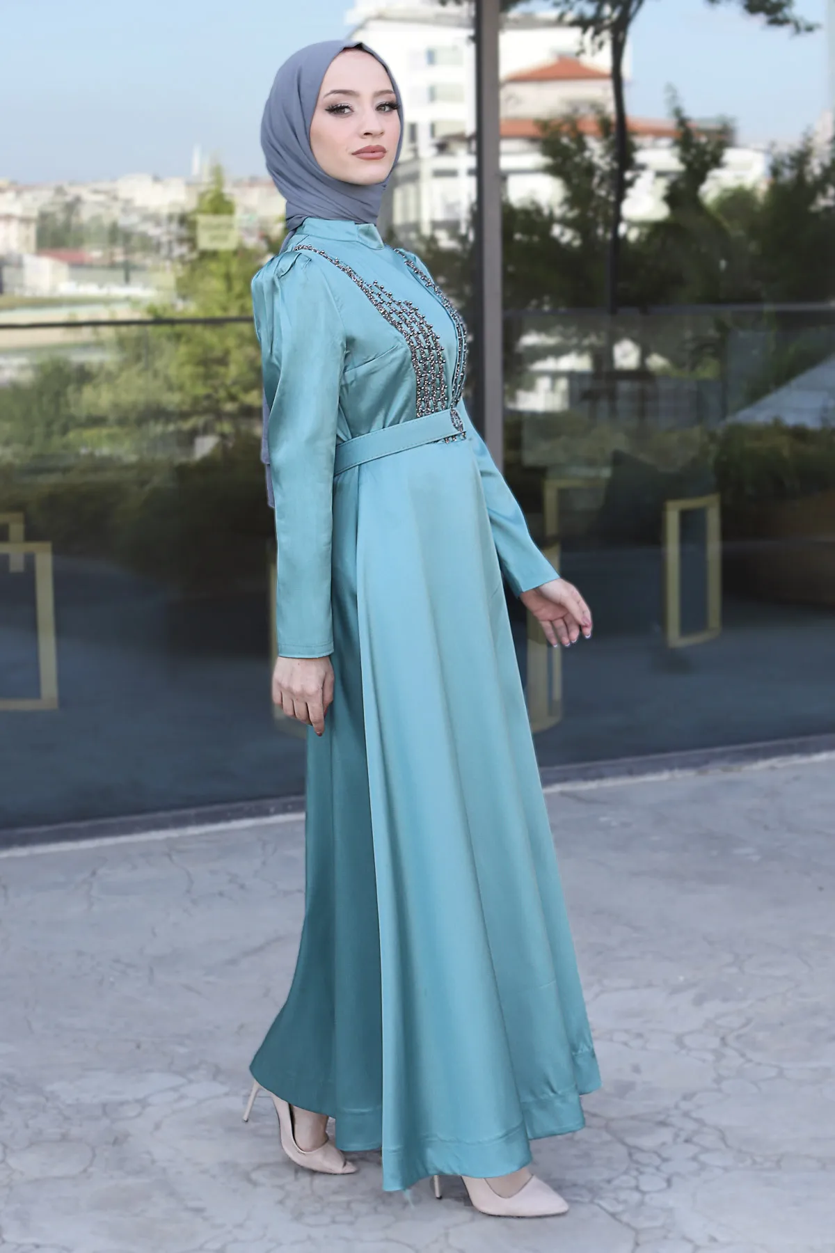 Tesettür Dünyası  Gürteldetailliertes Abendkleid Tsd220543 Mintgrün