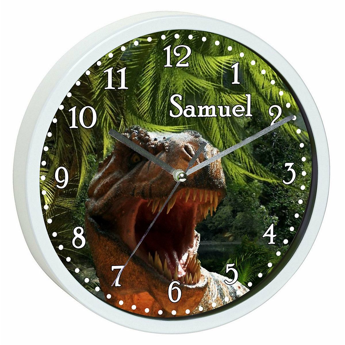 Kinder Wanduhr laufruhig personalisiert mit Name T-Rex