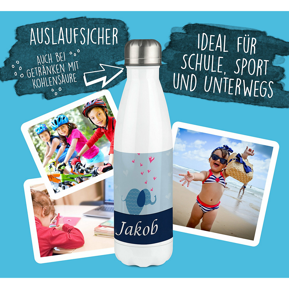 Edelstahl Kinder Thermoflasche / Trinkflasche bunt Elefant Farbe blau Spülmaschinenfest, Auslaufsicher, Bruchfest, Doppelwandig, Für Heißgetränke geeignet, Mit Deckel, Isoliert