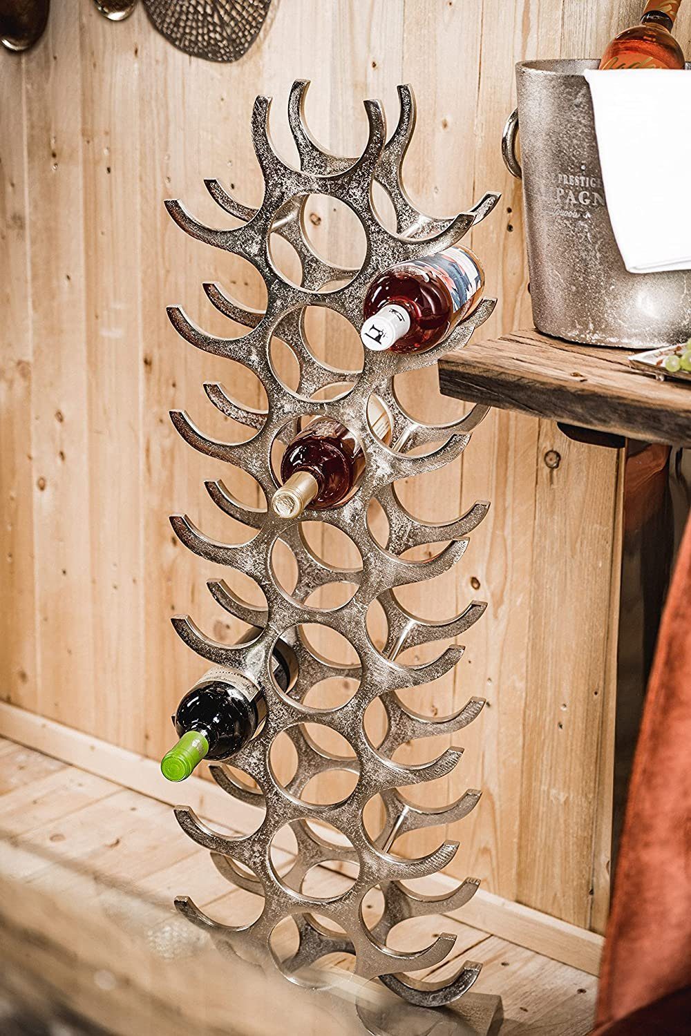 MichaelNoll Weinregal Weinregal Flaschenregal Flasche Aluminium Silber Luxus - Weinständer, Regal Modern aus Metall Raw - Flaschenhalter / Flaschenständer für Flaschen Sekt, Wein und Champagner - 101 cm XXL