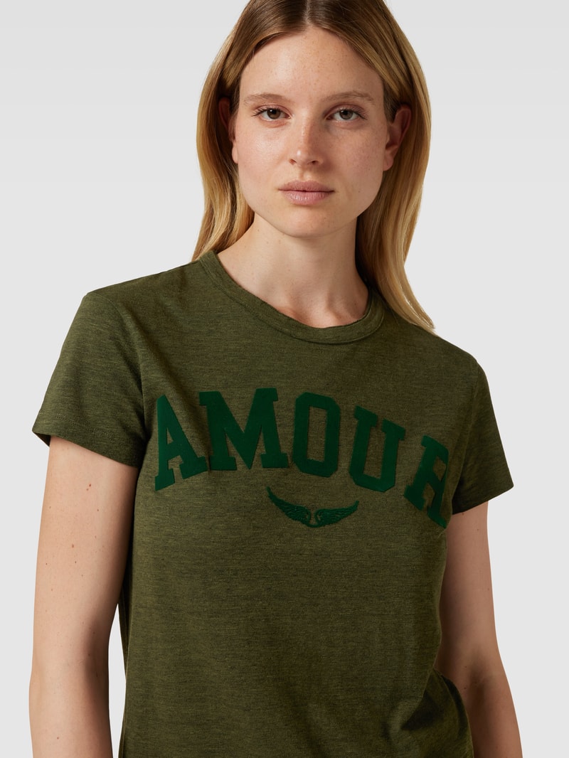T-Shirt mit Flockprint Modell 'WALK AMOUR' in olivgrün