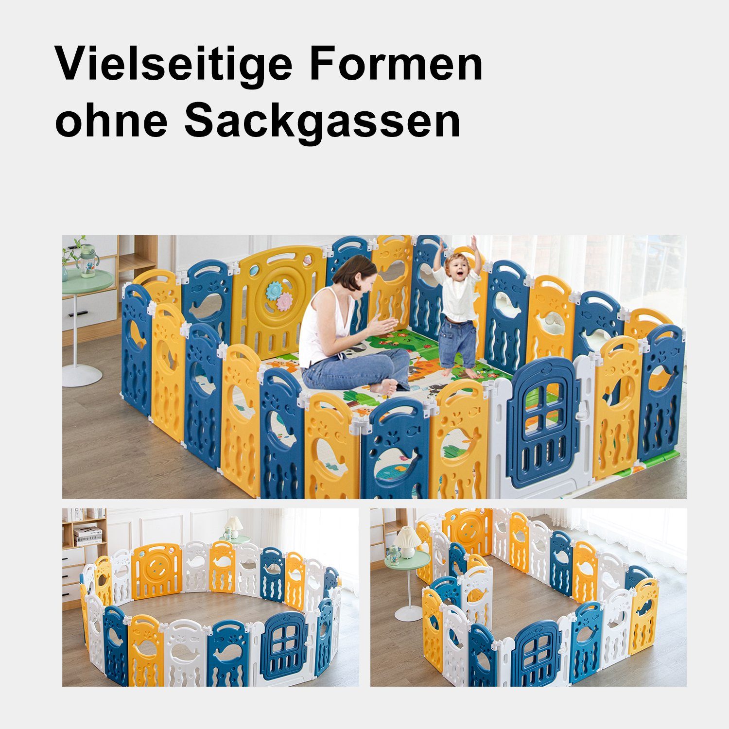Seven Comfort Laufgitter Zusammenklappbares, vielseitig kombinierbares Kinderschutzgitter (faltbar Absperrgitter mit Rutschfester Basis Krabbelgitter mit Tür), frei kombinierbar, Zusammenklappbar, 60cm, mit Schloss, Spielplatz