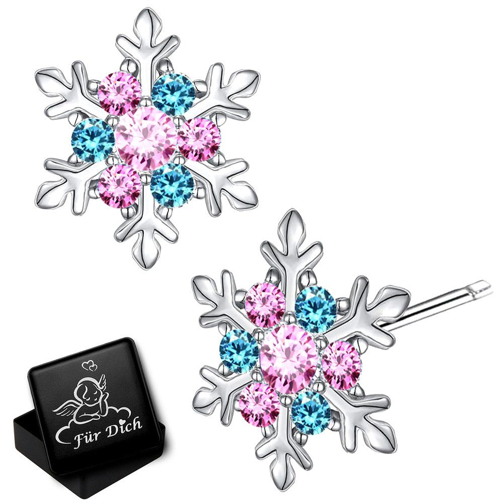 Limana Paar Ohrstecker Schneeflocke Stern Silber 925 Geschenk Idee Nikolaus Weihnachten bunt (inkl. Geschenkdose mit Engel), 9mm Kinderohrringe Mädchenohrringe Damenohrringe mit Zirkonia