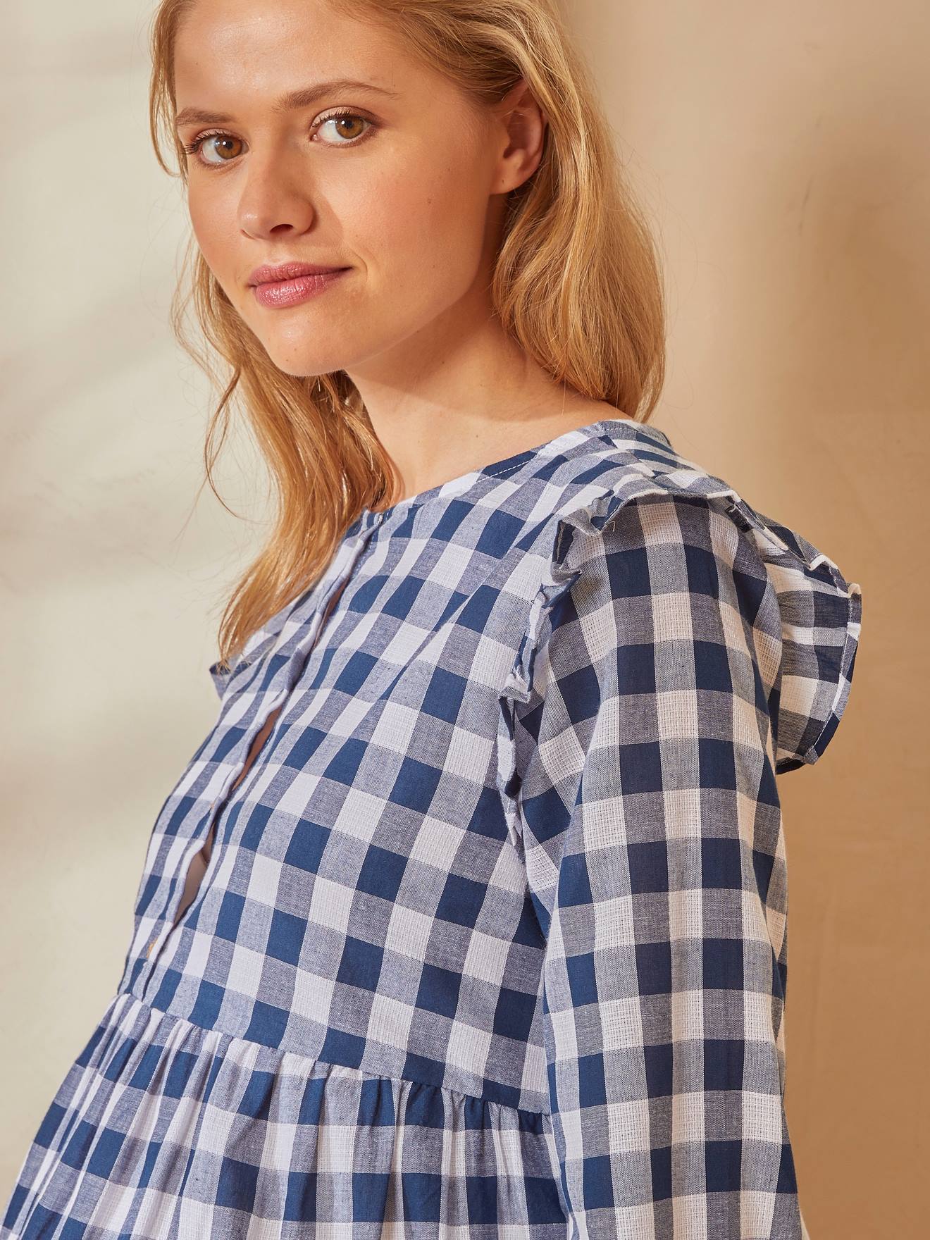 Robe de grossesse et d'allaitement carreaux tissés carreau bleu/blanc