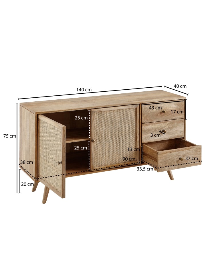 KADIMA DESIGN Design Sideboard 140x75x40 cm Mango Massivholz / Rattan, Kommode 3 günstig kaufen onesize