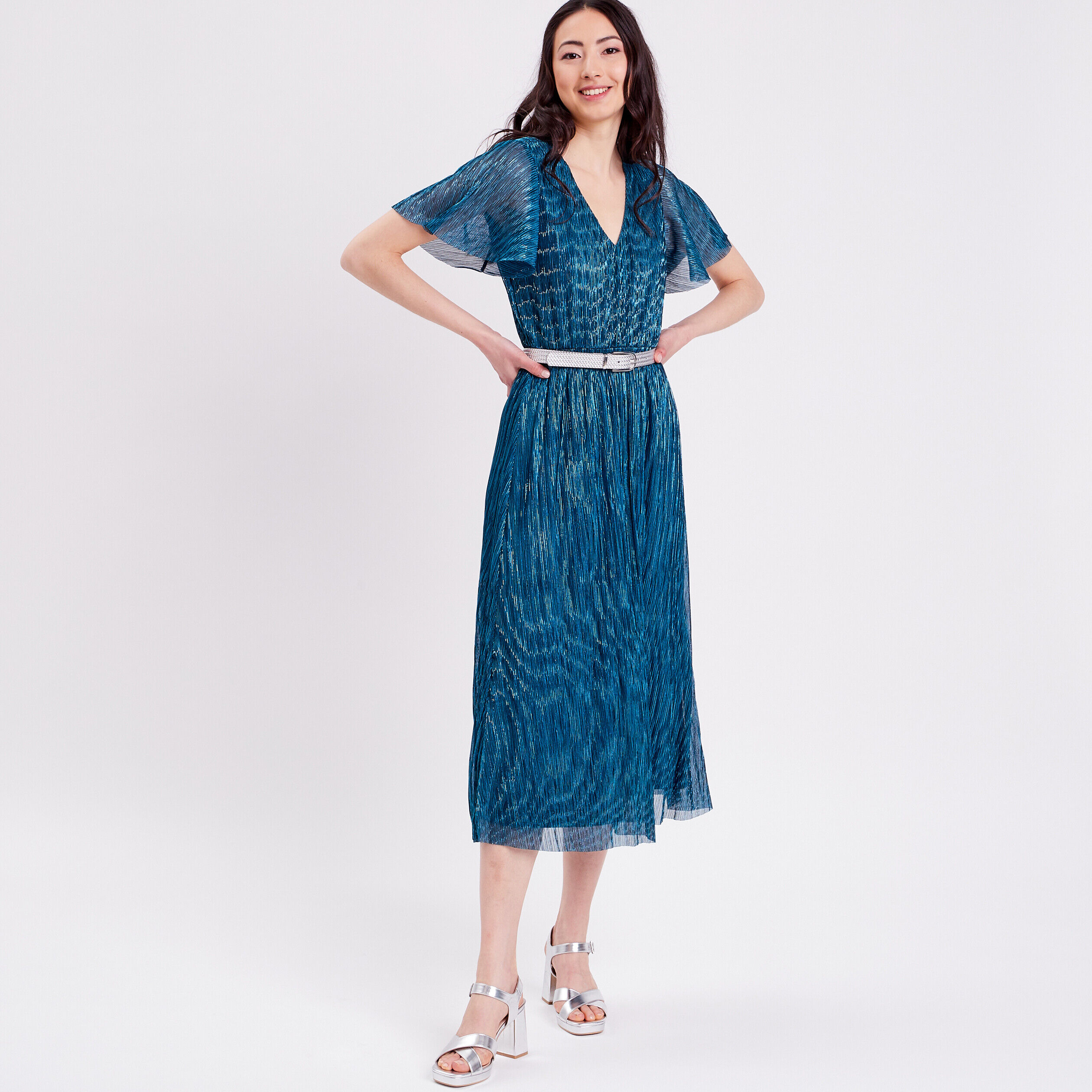 Robe longue évasée plissée bleu canard femme | Cache Cache