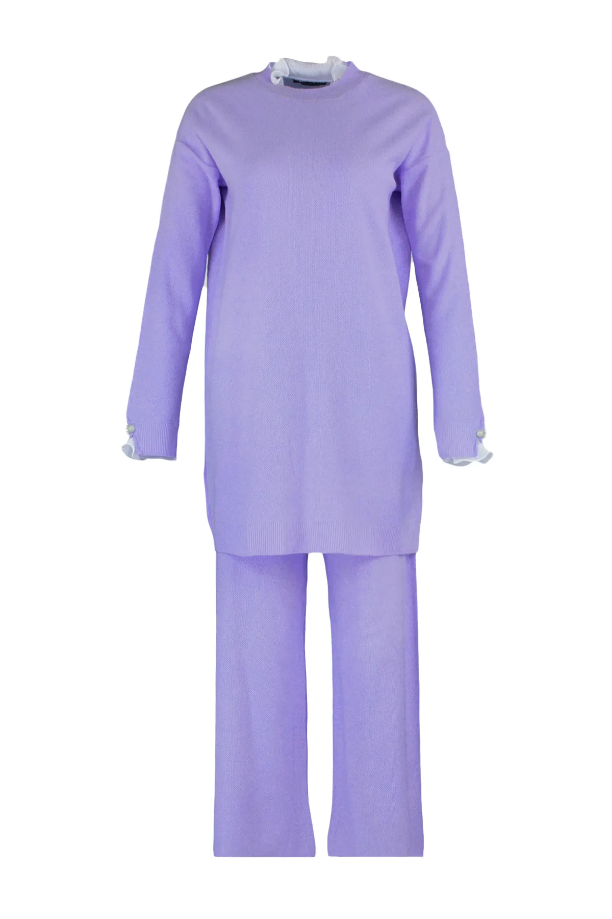 Trendyol Modest  Lilafarbenes Strickset aus Pullover und Hose mit Perlen- und Tülldetails TCTAW23US00088