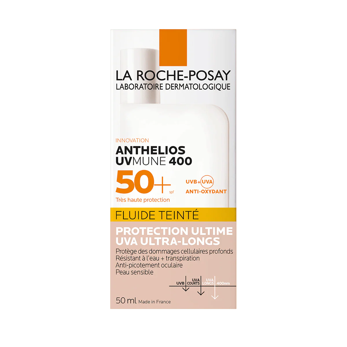 Anthelios UVMune 400 Invisible Tinted Fluid SPF50+ - Højbeskyttelses solcreme til ansigtet.