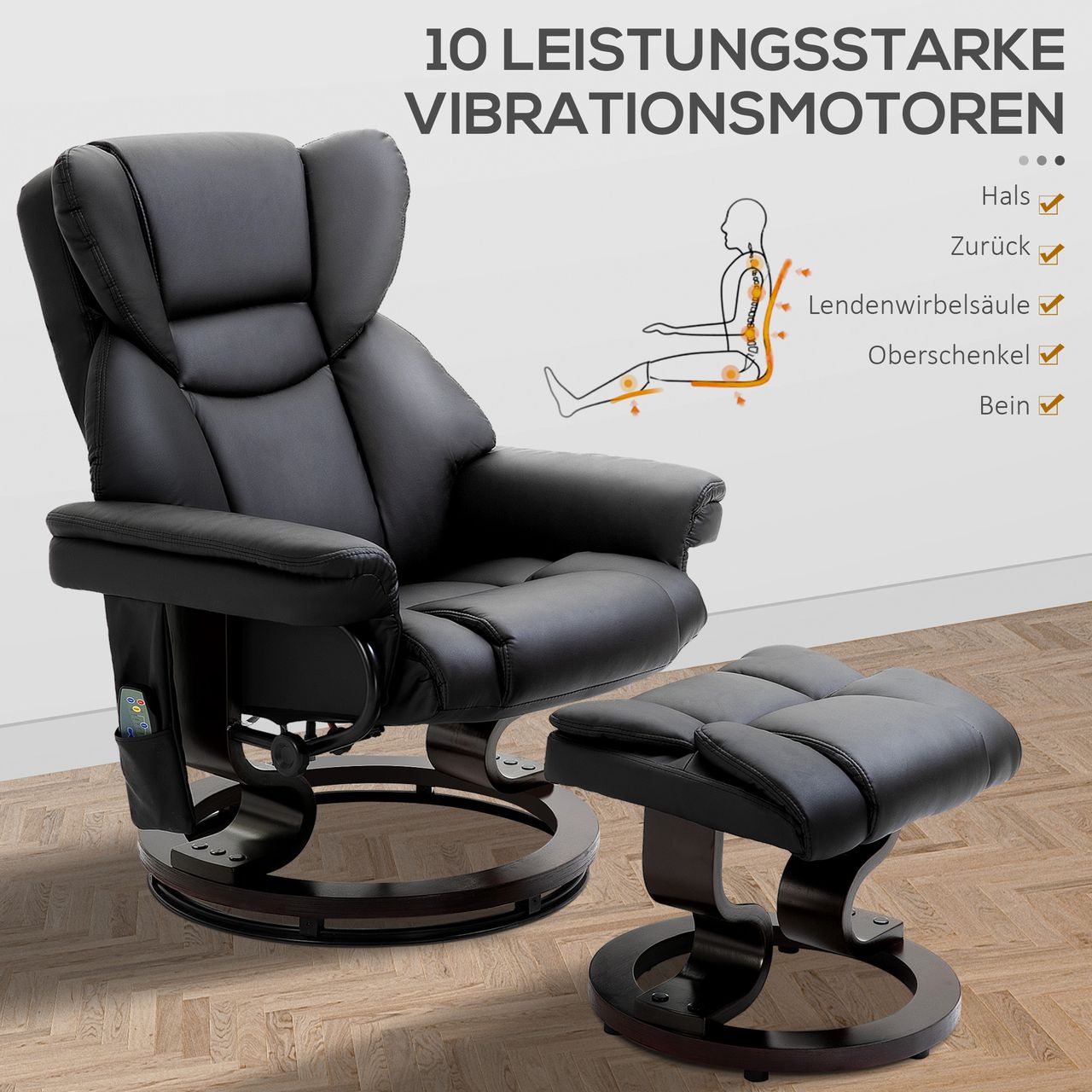 HOMCOM Massagesessel mit Fußhocker Relaxsessel 145°-Neigung Kunstleder Schwarz 79 x 82 x 101 cm