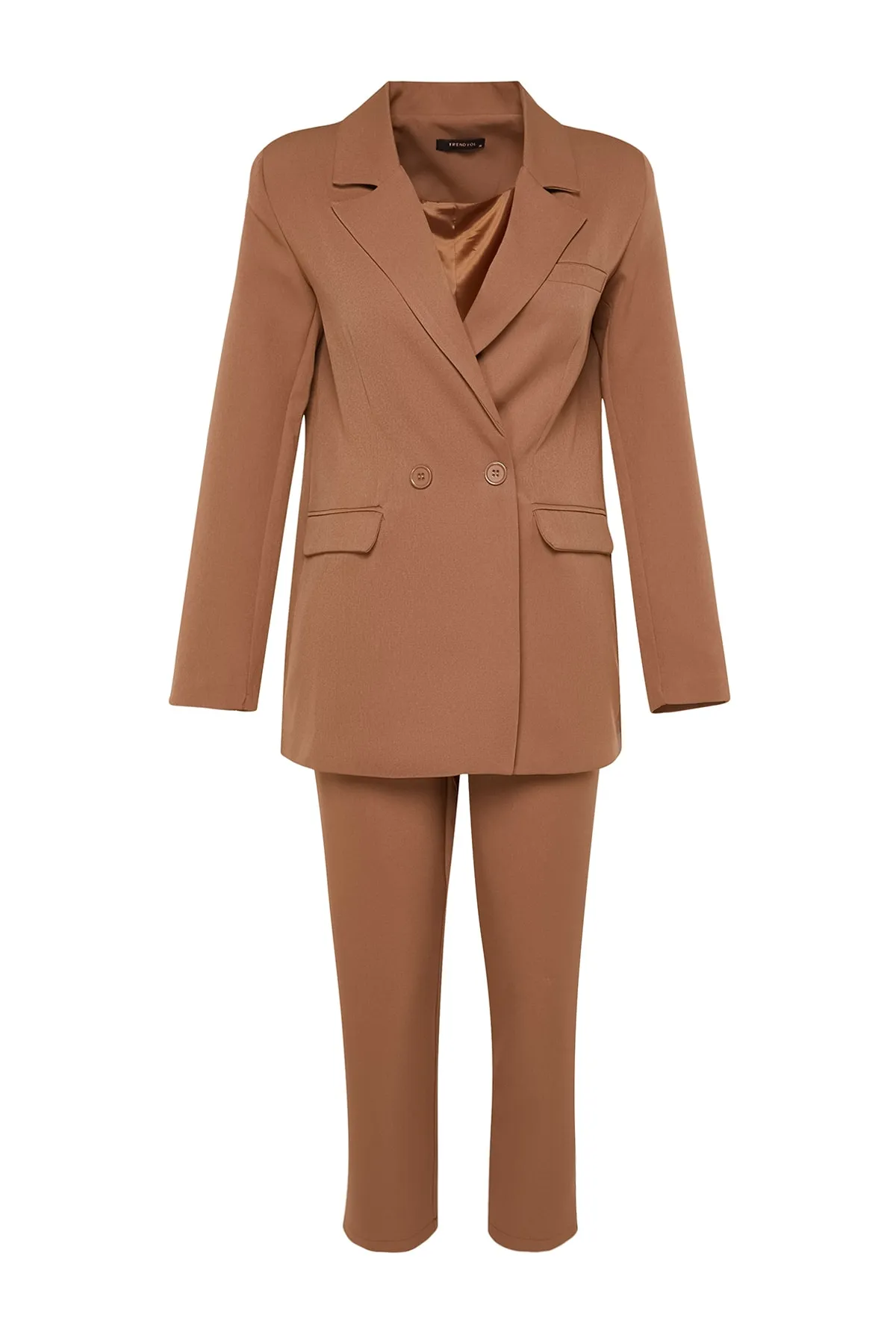 Trendyol Modest  Kamelfarbenes Blazer-Jacken-Hosen-Set aus gewebtem Oberteil und Unterteil TCTAW23US00132