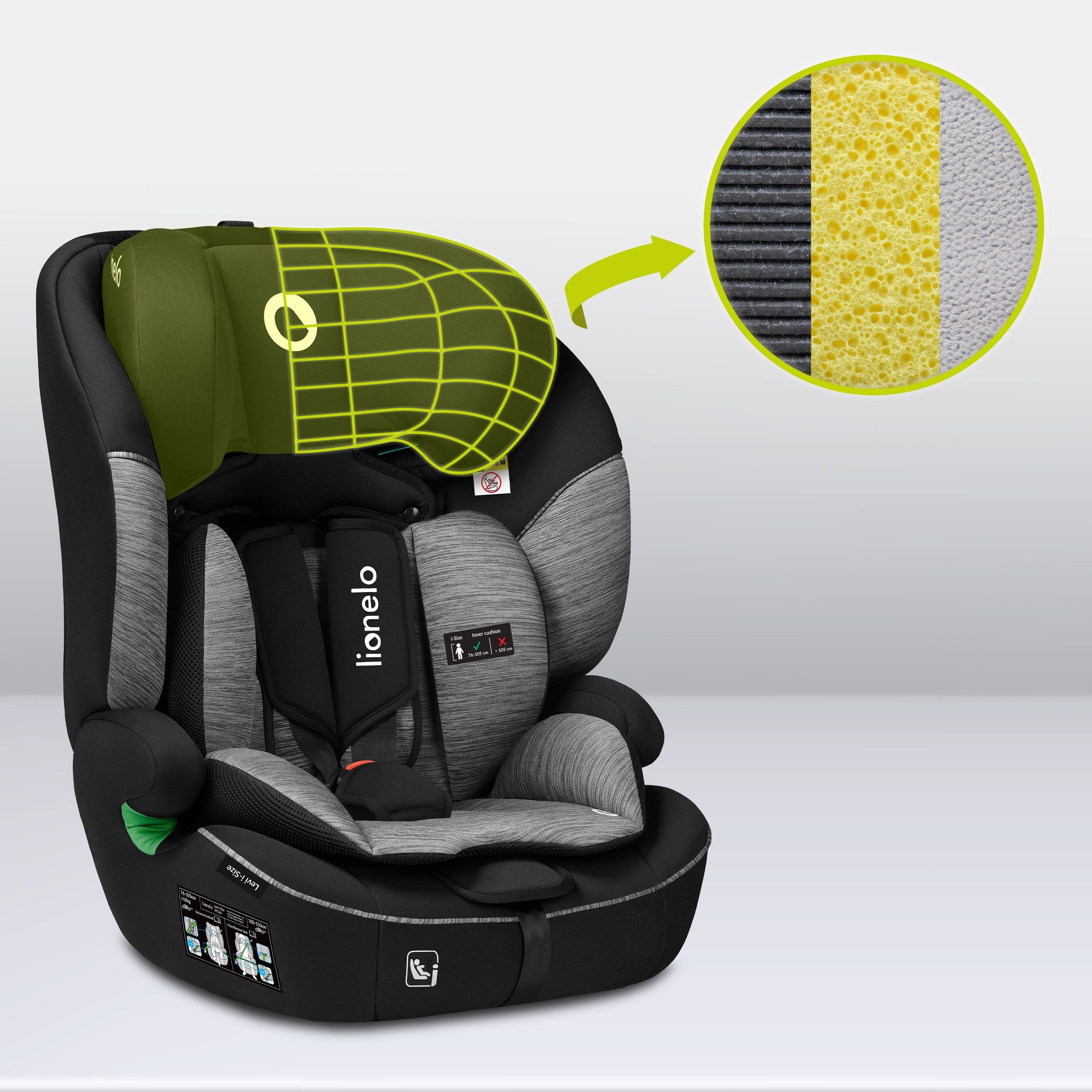 lionelo Autokindersitz LEVI I-SIZE, ab: 15 Monaten, bis: 12 Jahre, bis: 18,00 kg, (Set), i-Size / Universell passend, passt in alle Autos