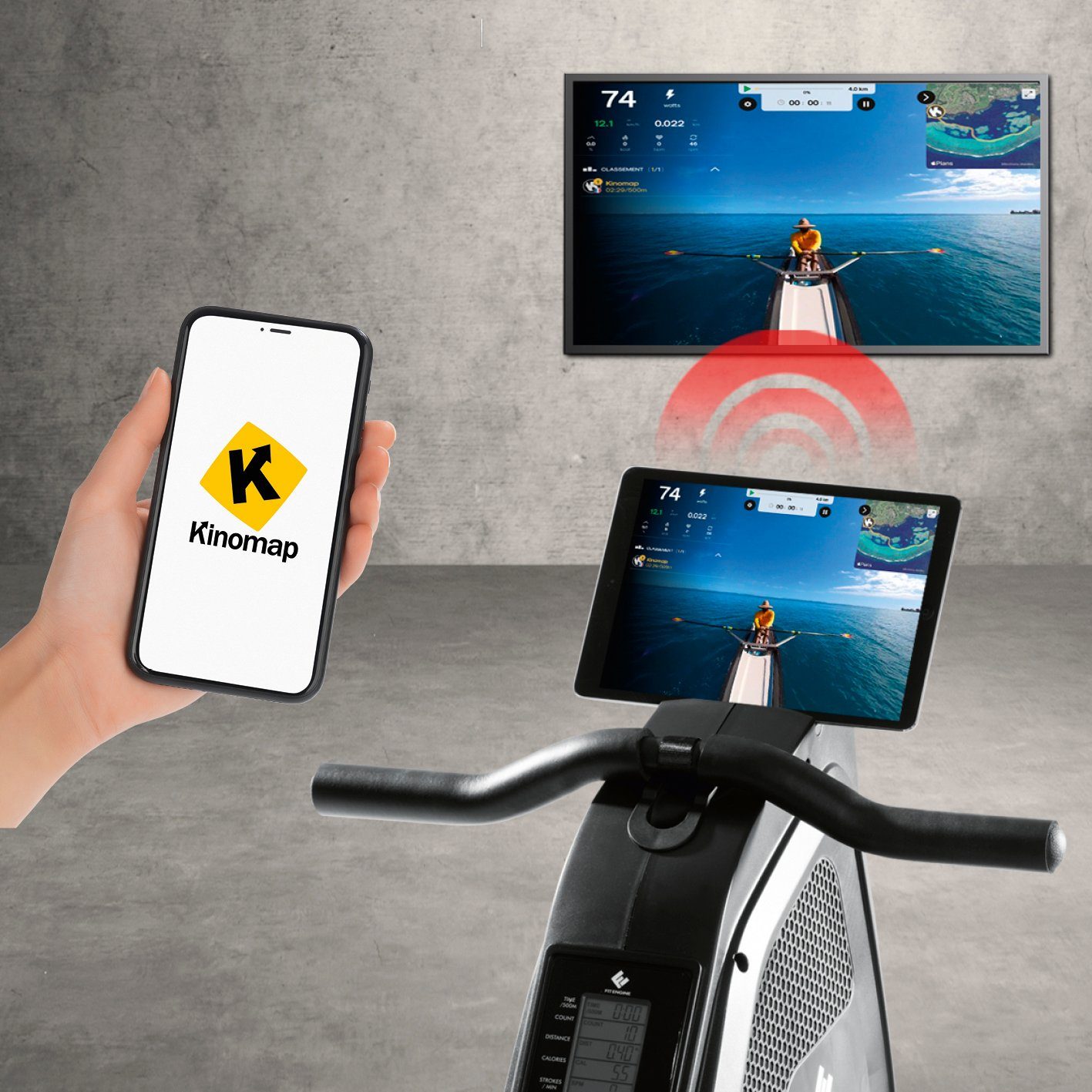 FitEngine Rudergerät mit Magnetwiderstand, 179cm schwarz/silber inkl. Tablethalterung klappbar