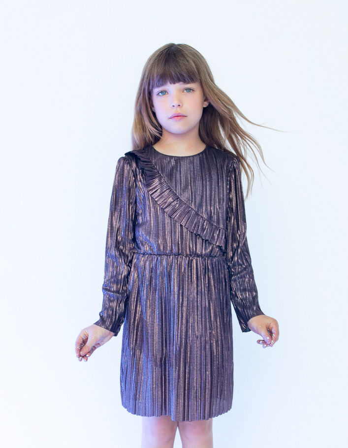 Robe rose lamée plissée volant asymétrique fille