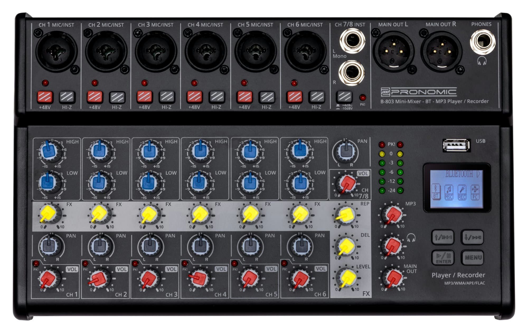 Pronomic Mischpult B-803 8-Kanal Mini-Mixer - Live/Studio DJ Mixer, mit Bluetooth und USB-Recording