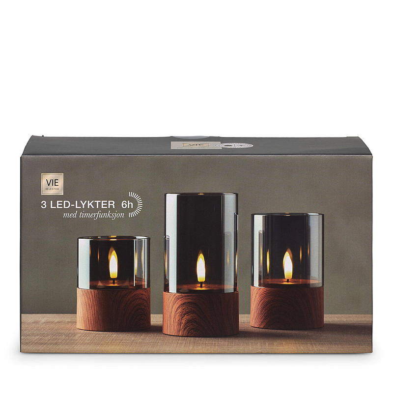 Vie Selected Ledlys 3 stk m/sotet glass Wood Base