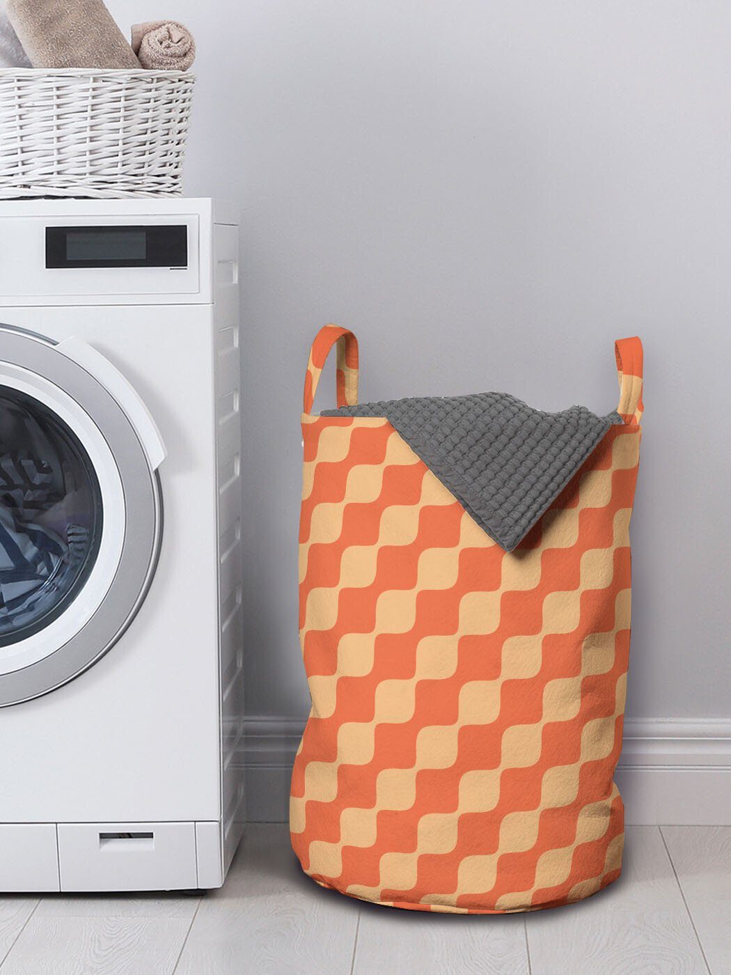 Abakuhaus Wäschesäckchen Wäschekorb mit Griffen Kordelzugverschluss für Waschsalons, Orange Gewellte Linien im Retro-Stil