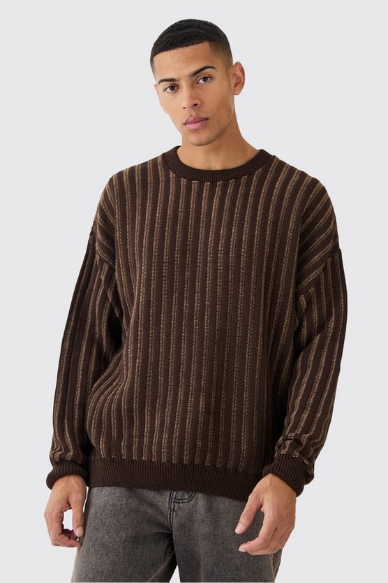 Oversized Crew Neck Two Tone Rib Knitted Jumper